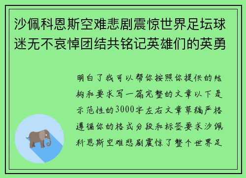 沙佩科恩斯空难悲剧震惊世界足坛球迷无不哀悼团结共铭记英雄们的英勇与坚韧